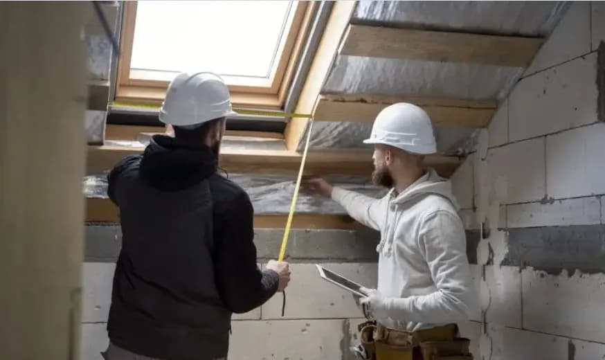 Attic insulation measurement Vancouver Contractors measuring attic insulation depth near a skylight in Vancouver
