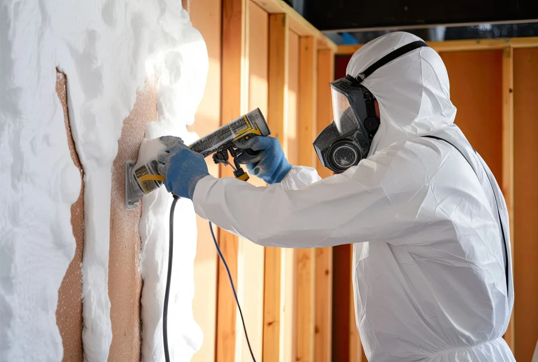 Spray foam installer protective suit Spray foam installer in protective suit applying insulation to a wall